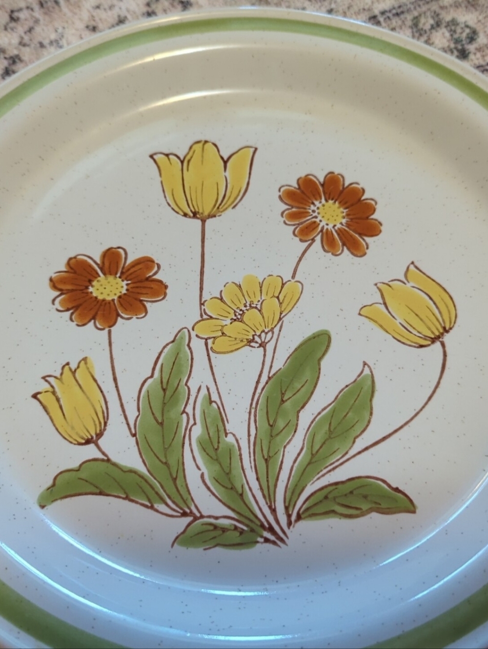 Vintage Floral Stoneware Dinner Plate in Yellow and Green